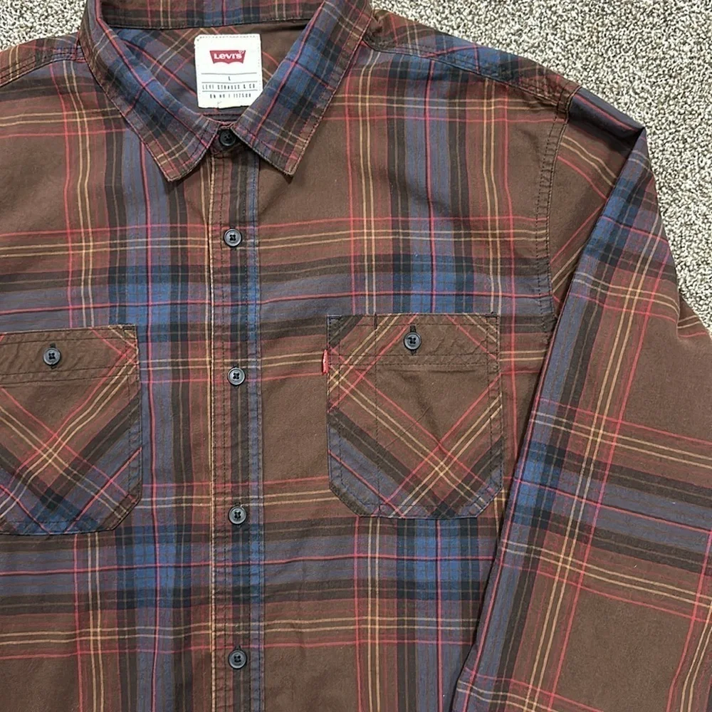 Levi’s men’s Malden button up casual plaid shirt brown blue red yellow large